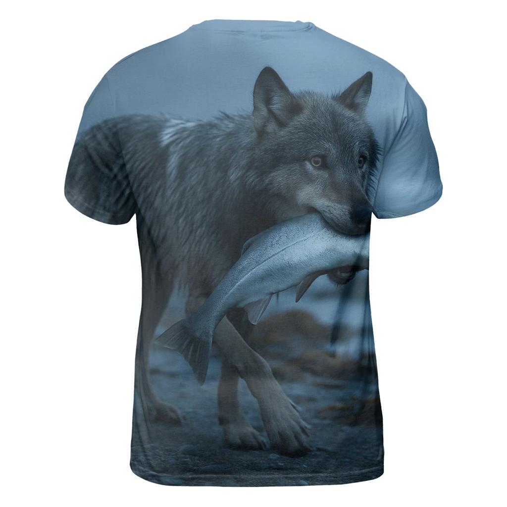 Coastal Wolf With Salmon Run Mist unique graphic print tees