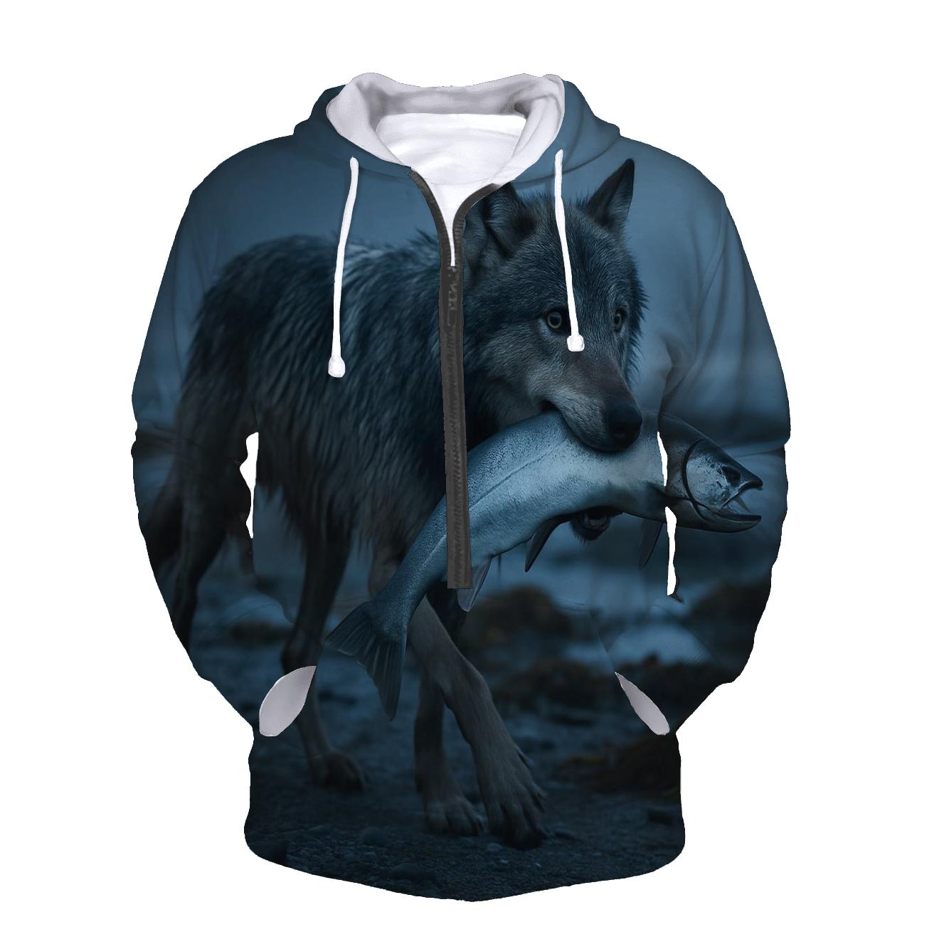 Coastal Wolf With Salmon Run Mist lightweight hoodies