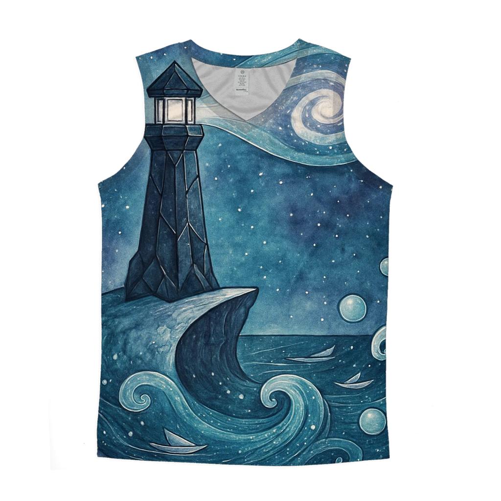 Lighthouse Of The Nebula Tide graphic print tank tops
