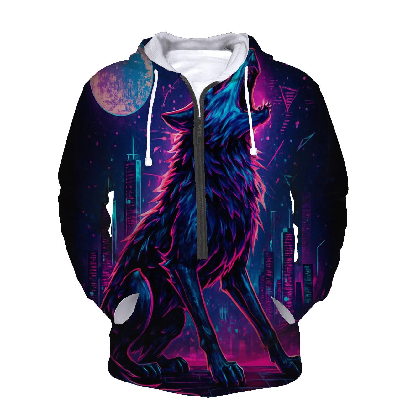 Neon Circuit Howl Wolf Of The Data Moon heavyweight hoodies
