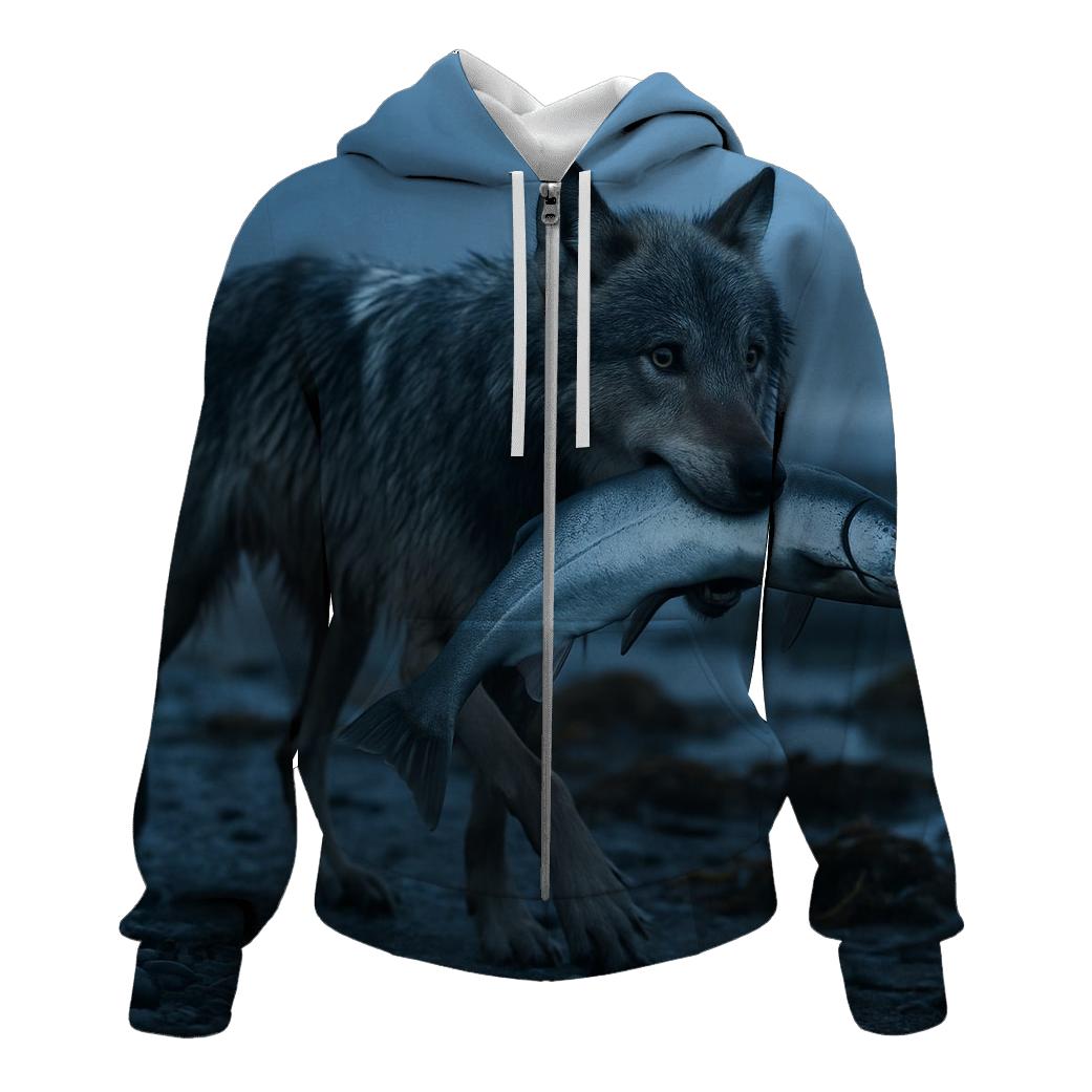 Coastal Wolf With Salmon Run Mist zip-up hoodies