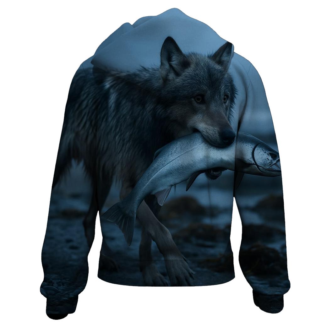 Coastal Wolf With Salmon Run Mist zip-up hoodies