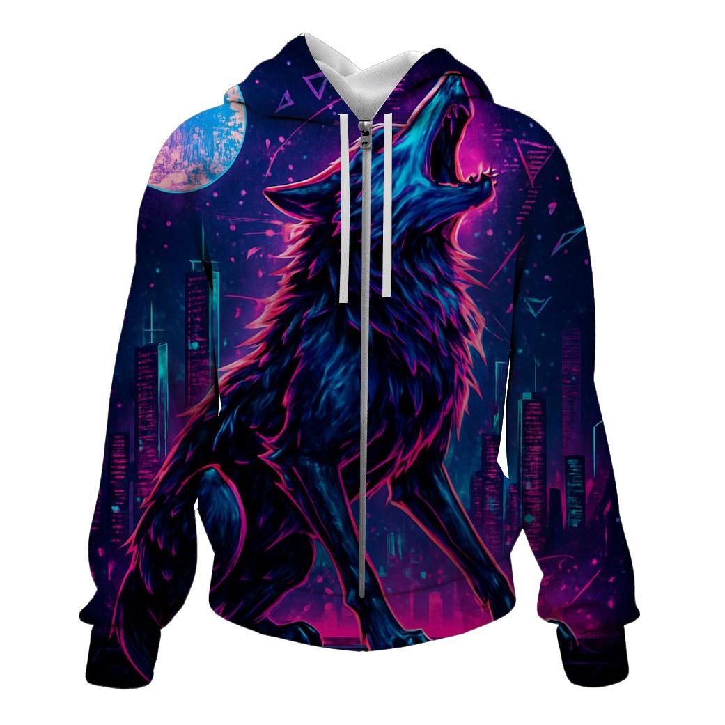 Neon Circuit Howl Wolf Of The Data Moon premium hoodies
