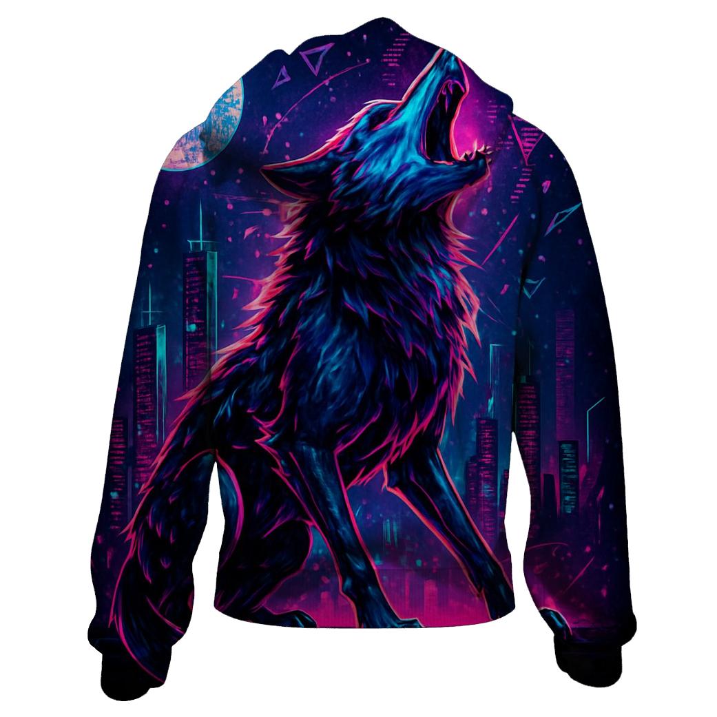Neon Circuit Howl Wolf Of The Data Moon premium hoodies