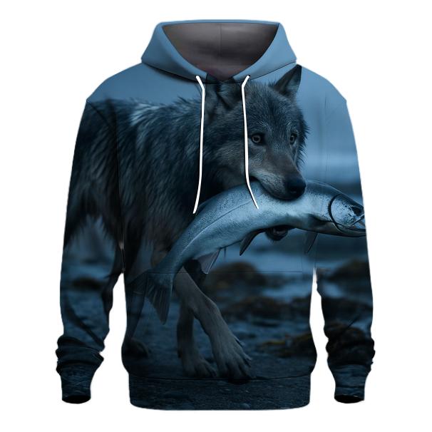 Coastal Wolf With Salmon Run Mist graphic hoodies