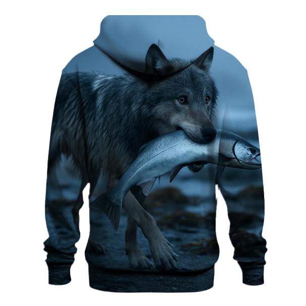 Coastal Wolf With Salmon Run Mist graphic hoodies