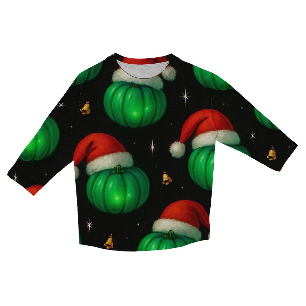 Emerald Santa Hat Pumpkin Scatter On Black Background designer 3/4 sleeve blouses