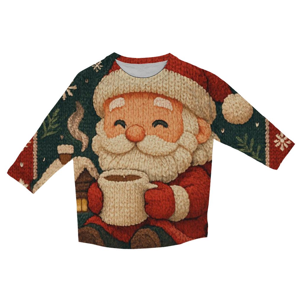 Knitted Pattern Santa Cocoa Cabin printed three quarter sleeve shirts