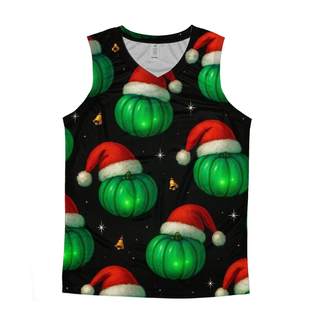 Emerald Santa Hat Pumpkin Scatter On Black Background graphic print tank tops