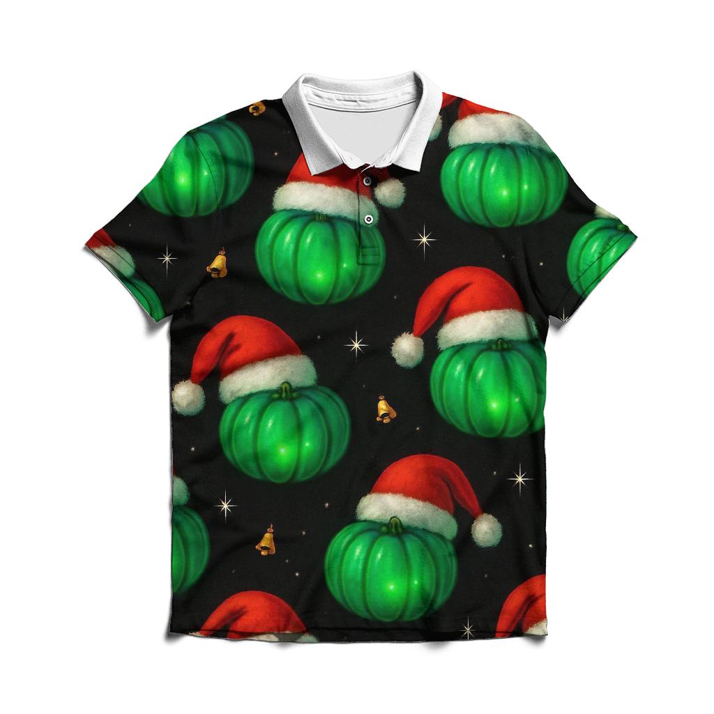 Emerald Santa Hat Pumpkin Scatter On Black Background branded logo polo shirts