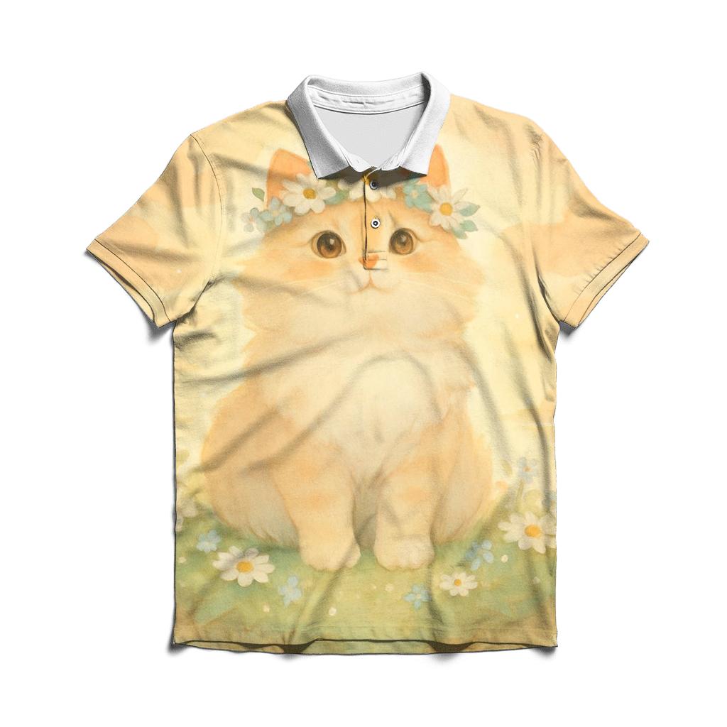 Sunrise Flower Crown Cat In Floating Meadow premium cotton polo shirts