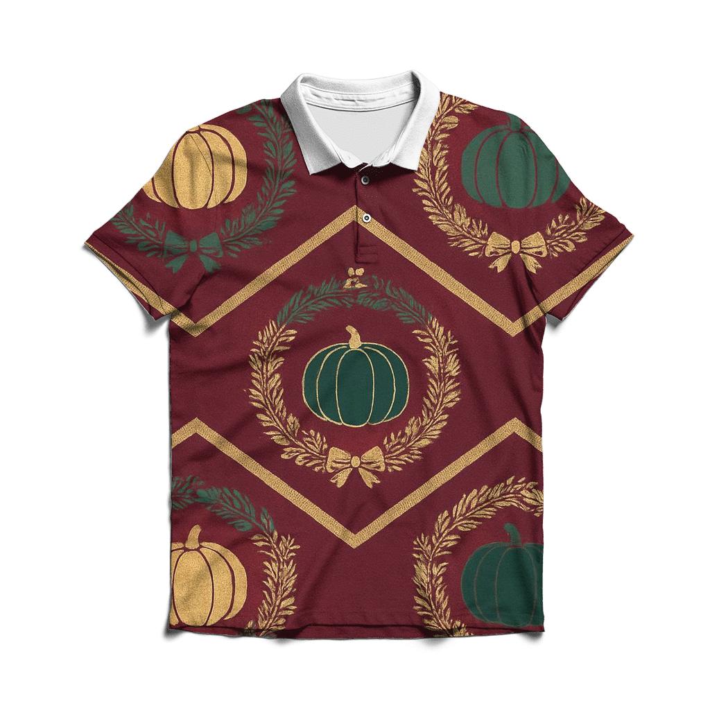 Golden Wreath Pumpkin Chevron On Burgundy Background branded logo polo shirts