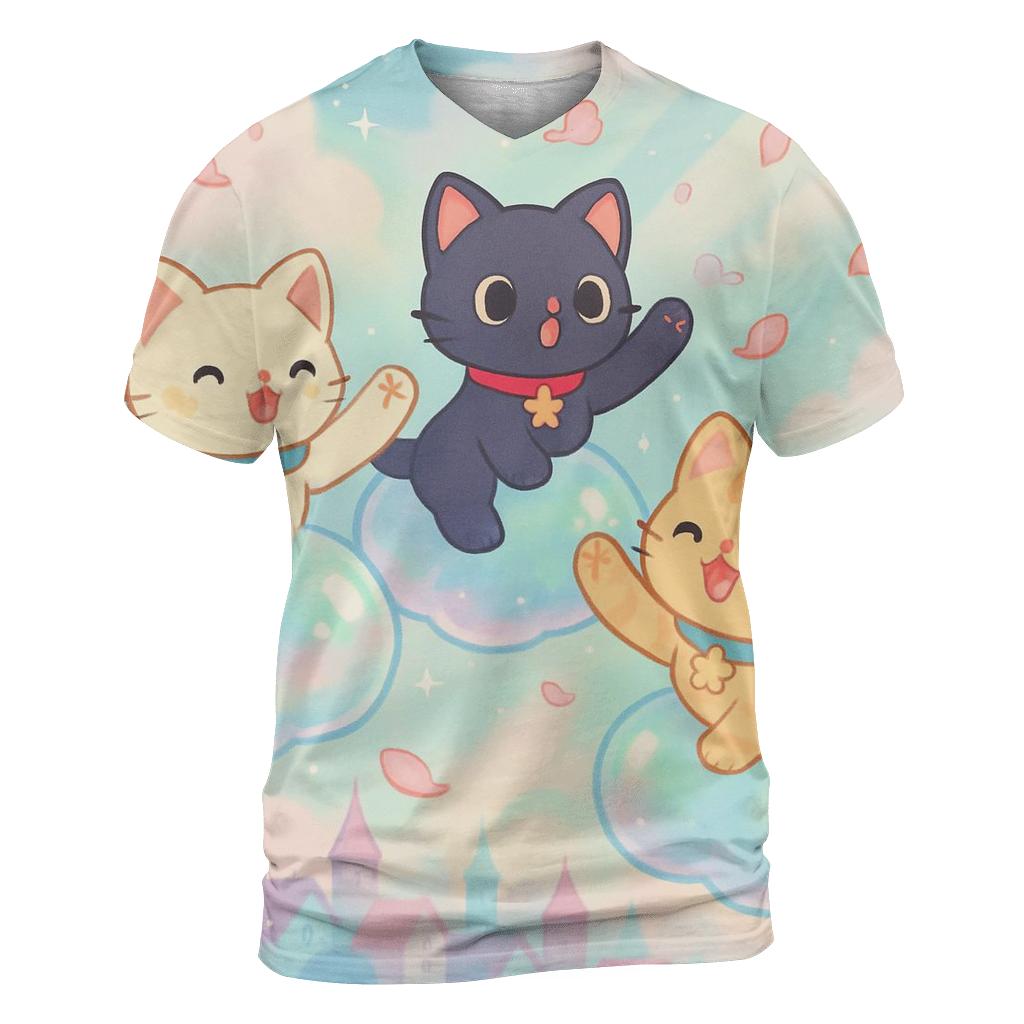 Bubble Cloud Kittens Over Pastel City artistic all-over print tops