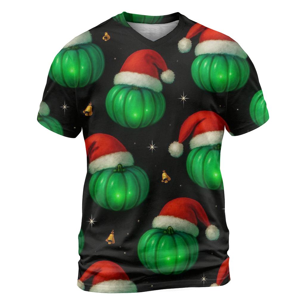 Emerald Santa Hat Pumpkin Scatter On Black Background artistic all-over print tops