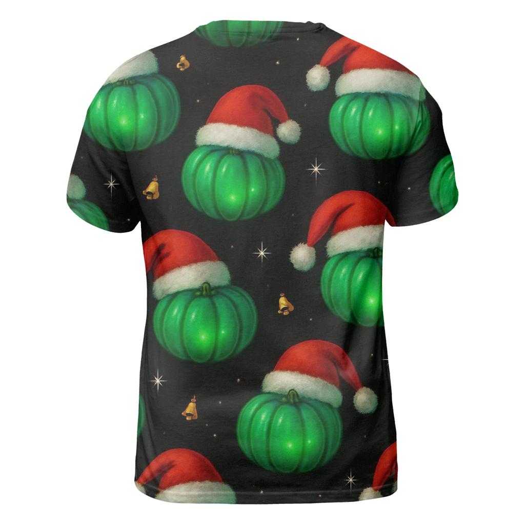 Emerald Santa Hat Pumpkin Scatter On Black Background artistic all-over print tops