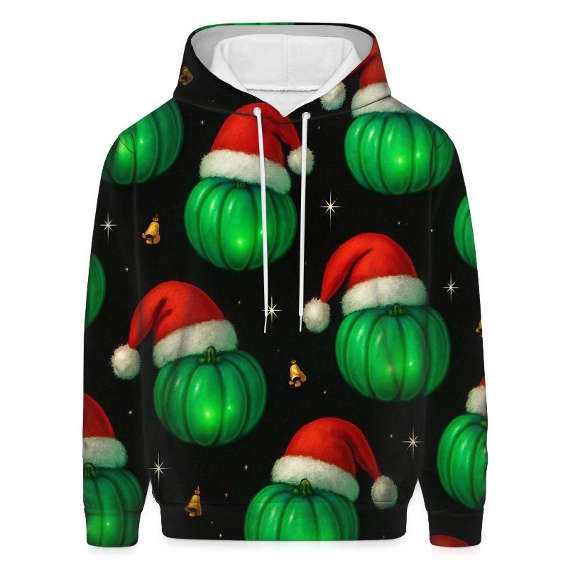 Emerald Santa Hat Pumpkin Scatter On Black Background graphic hoodies