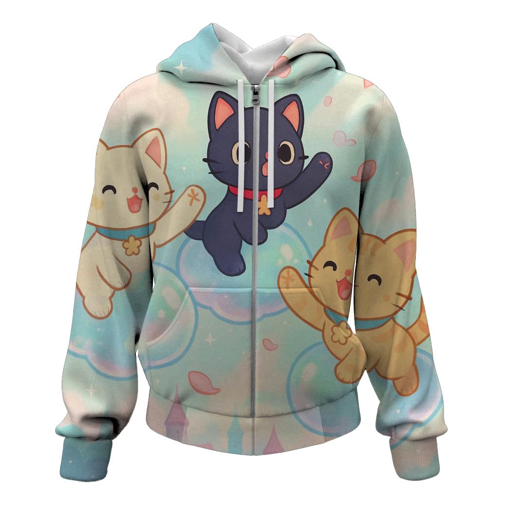 Bubble Cloud Kittens Over Pastel City graphic hoodies