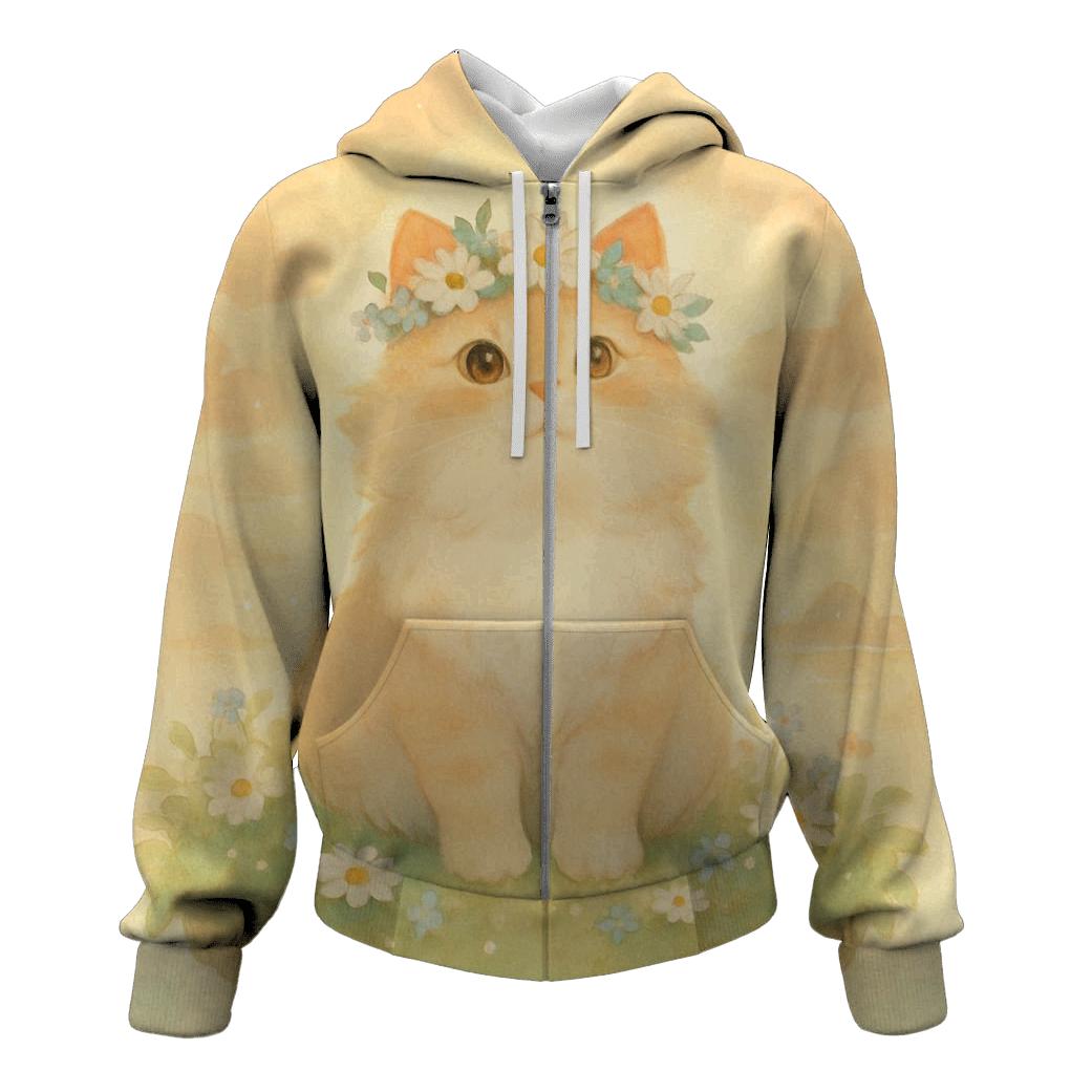 Sunrise Flower Crown Cat In Floating Meadow lightweight hoodies