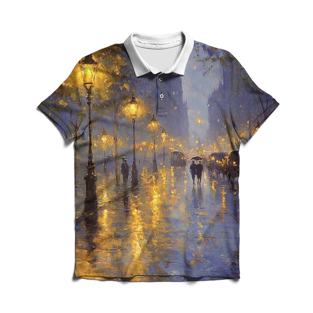 Claude Monet Inspired Rainy Citylights Boulevard classic pique polos