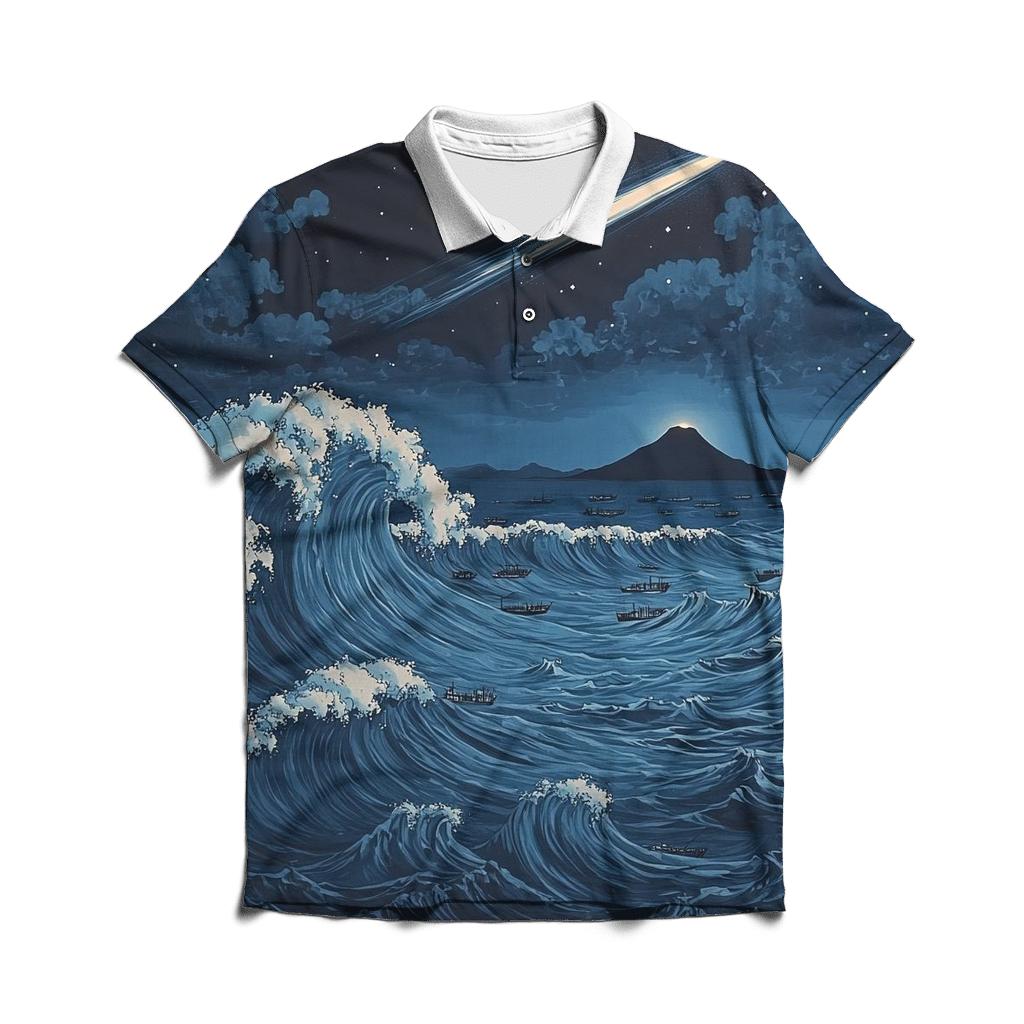 Hokusai Inspired Comet Over Midnight Ocean embroidered polo tops