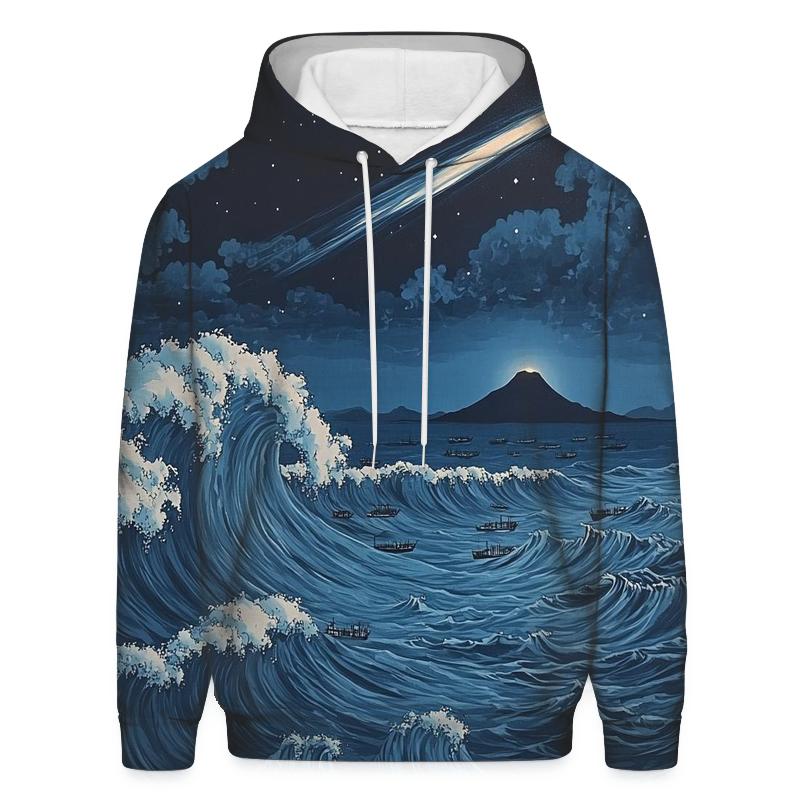 Hokusai Inspired Comet Over Midnight Ocean designer hoodies