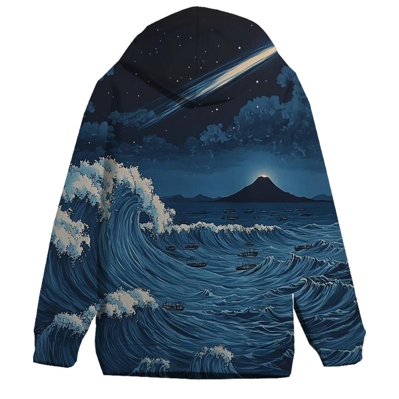 Hokusai Inspired Comet Over Midnight Ocean designer hoodies