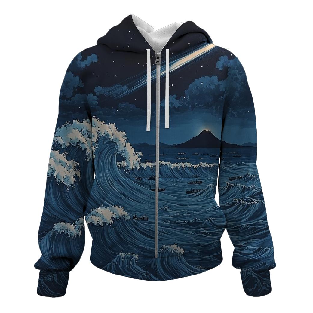 Hokusai Inspired Comet Over Midnight Ocean printed hoodies