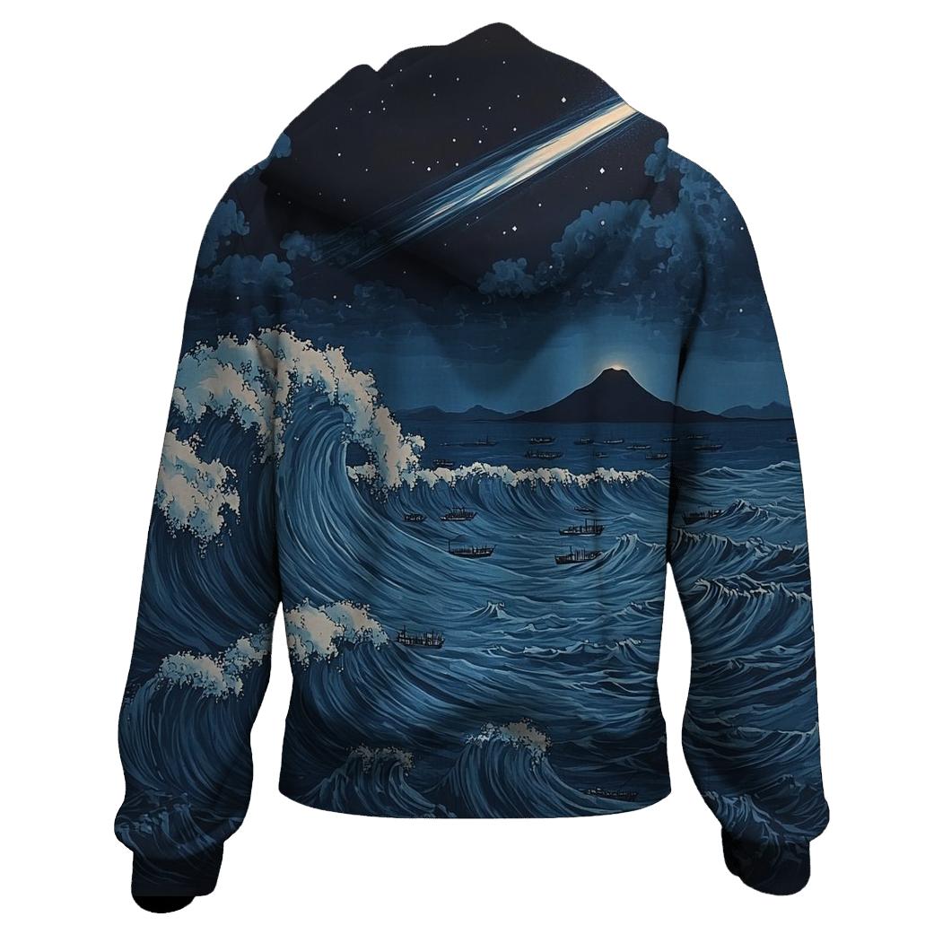 Hokusai Inspired Comet Over Midnight Ocean printed hoodies