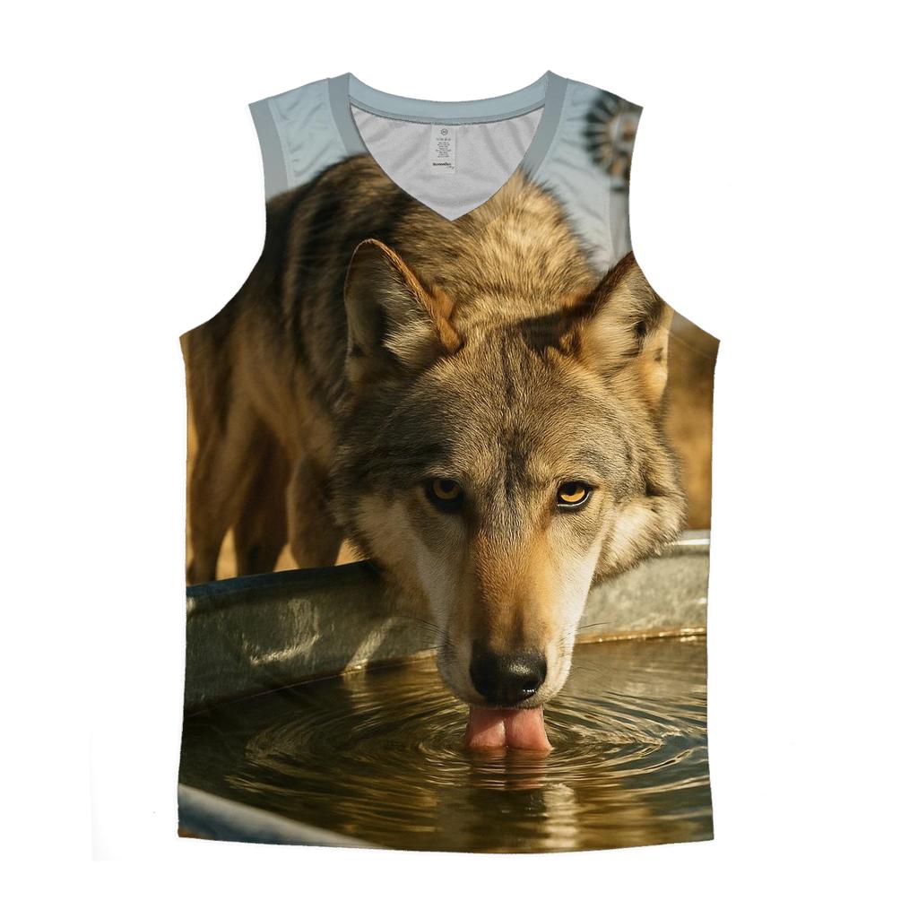 High Desert Wolf Drinking At A Windmill Tank cotton sleeveless tops