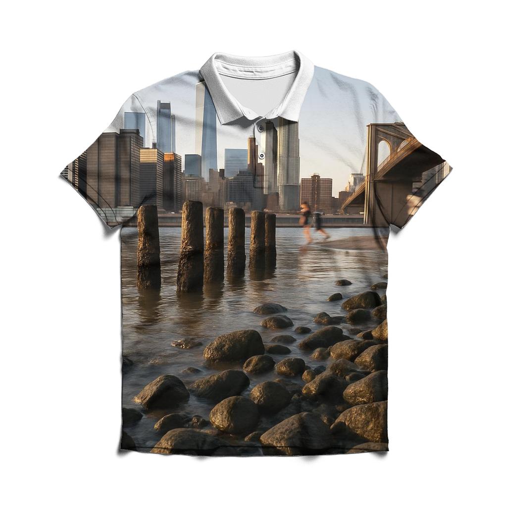 Low Tide Skyline Study From Brooklyn Bridge Park Rocks branded logo polo shirts