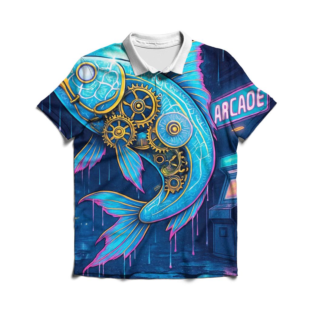 Clockwork Koi In A Rainstorm Arcade premium cotton polo shirts