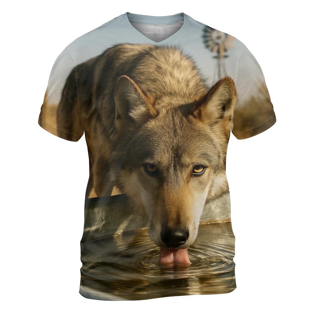 High Desert Wolf Drinking At A Windmill Tank trendy printed shirt styles