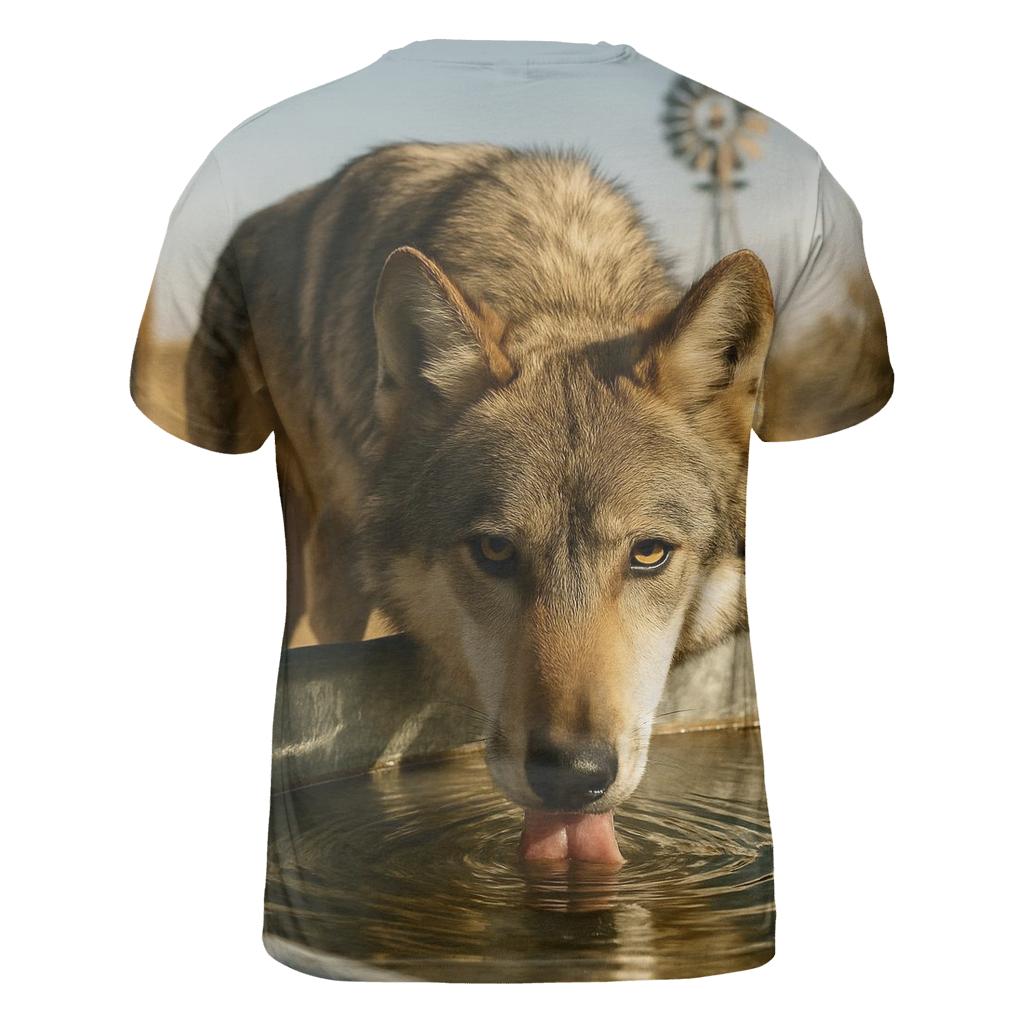 High Desert Wolf Drinking At A Windmill Tank trendy printed shirt styles