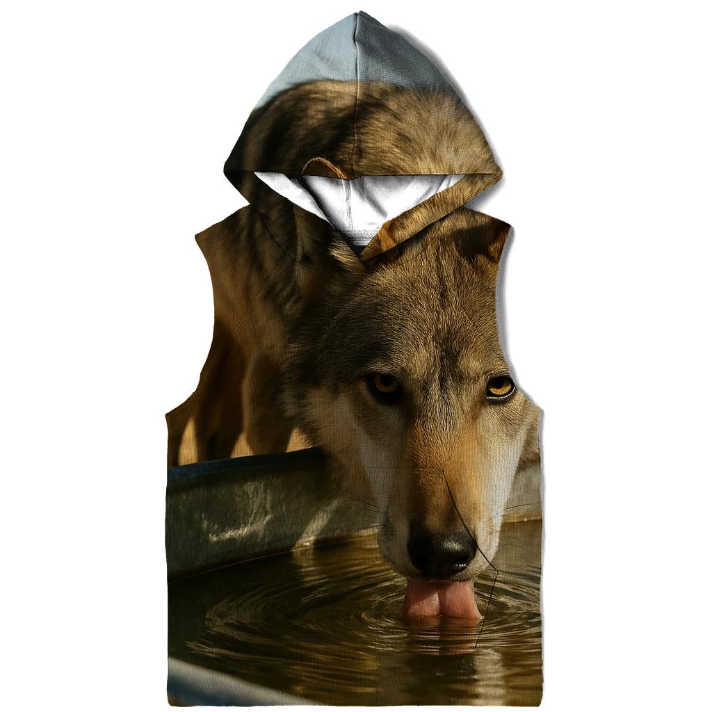 High Desert Wolf Drinking At A Windmill Tank embroidered hoodies