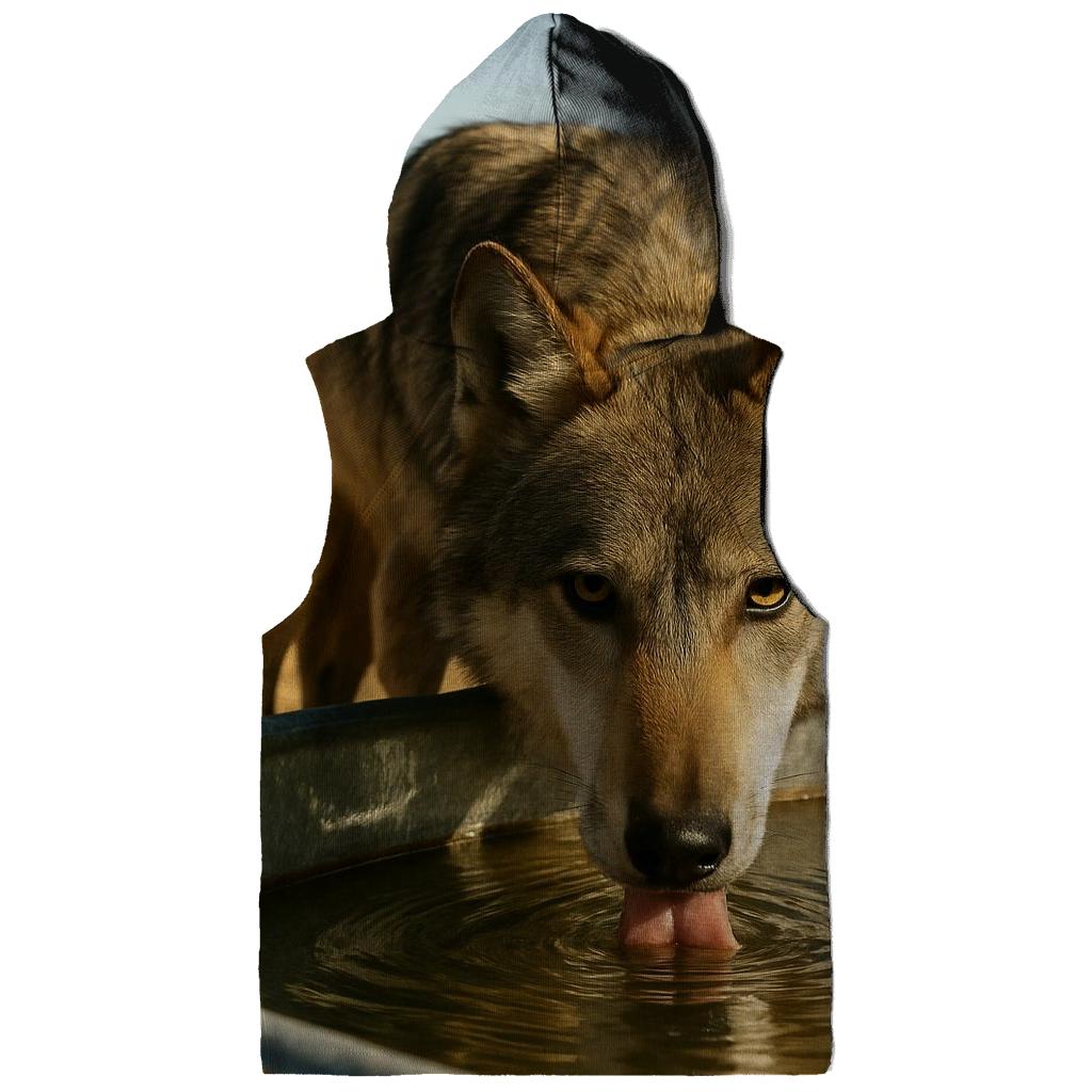 High Desert Wolf Drinking At A Windmill Tank embroidered hoodies