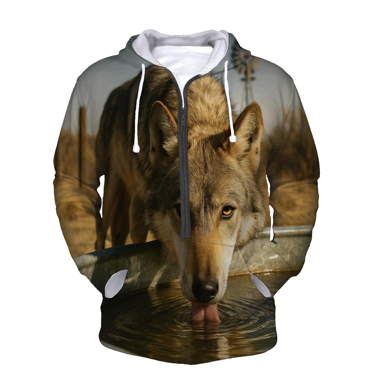 High Desert Wolf Drinking At A Windmill Tank premium hoodies