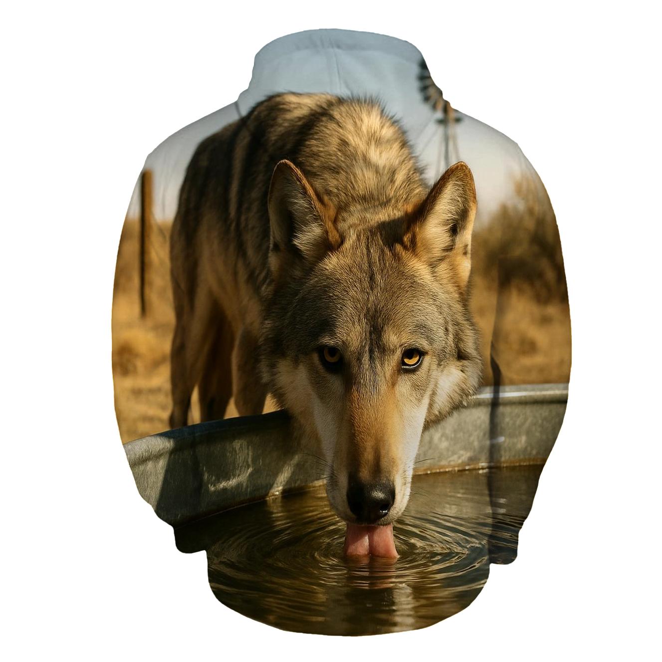 High Desert Wolf Drinking At A Windmill Tank premium hoodies