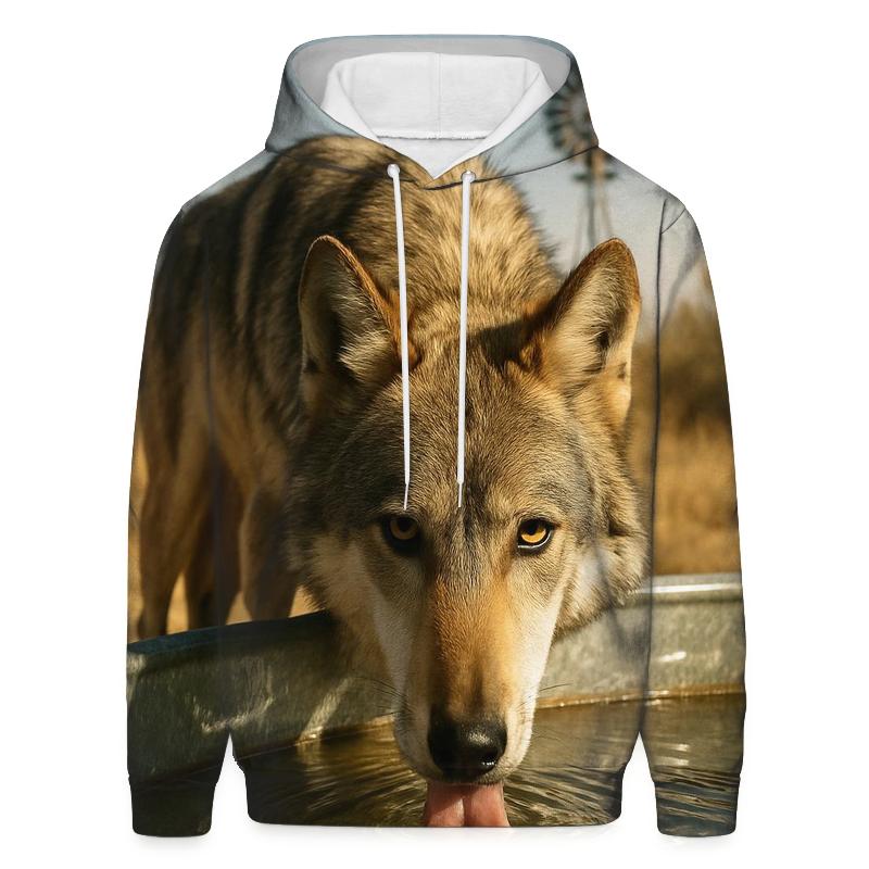 High Desert Wolf Drinking At A Windmill Tank premium hoodies