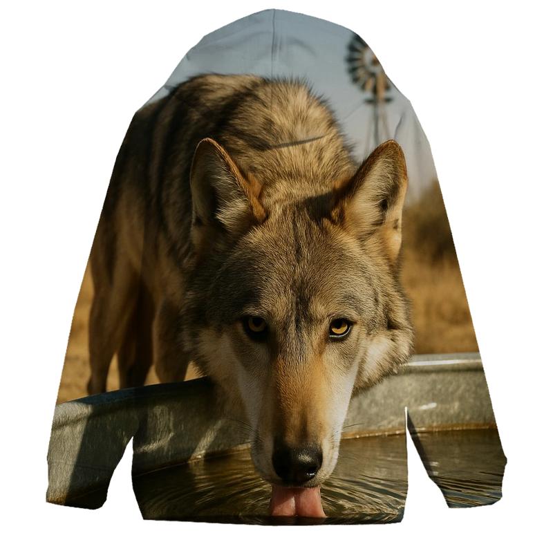 High Desert Wolf Drinking At A Windmill Tank premium hoodies