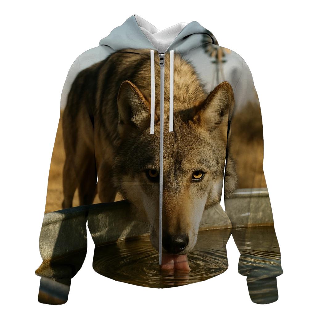 High Desert Wolf Drinking At A Windmill Tank hoodie styles