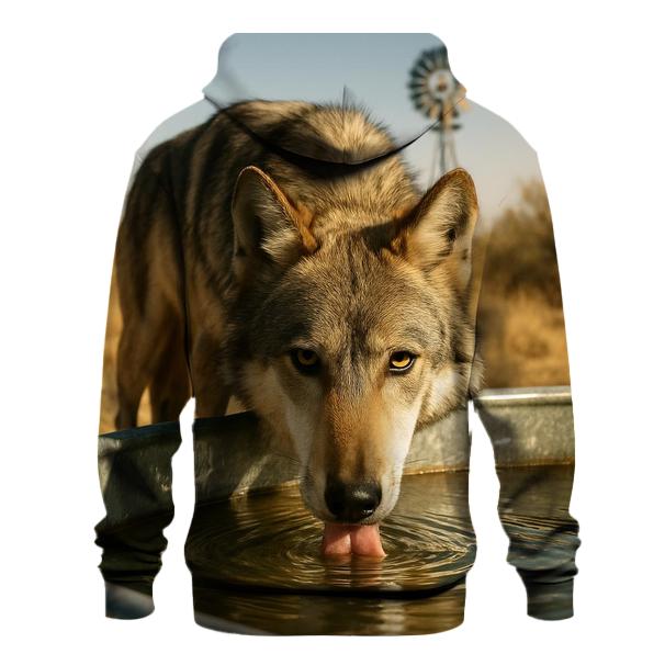 High Desert Wolf Drinking At A Windmill Tank heavyweight hoodies