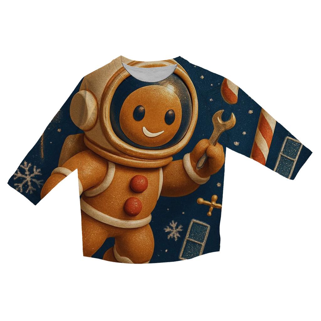 Gingerbread Astronaut Repairing A Candy Cane Satellite printed three quarter sleeve shirts