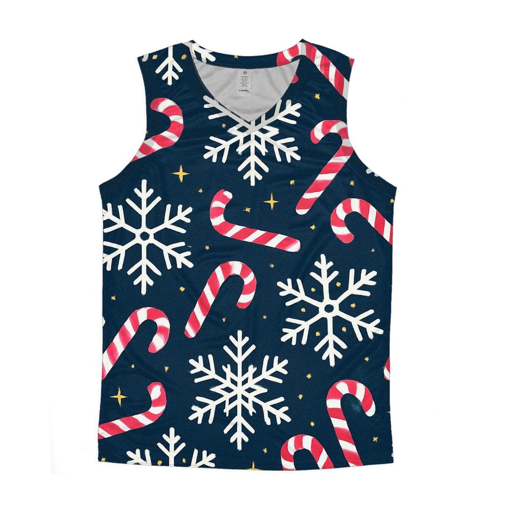 Crimson Candy Cane Snowflake Tessellation On Navy Background cotton sleeveless tops
