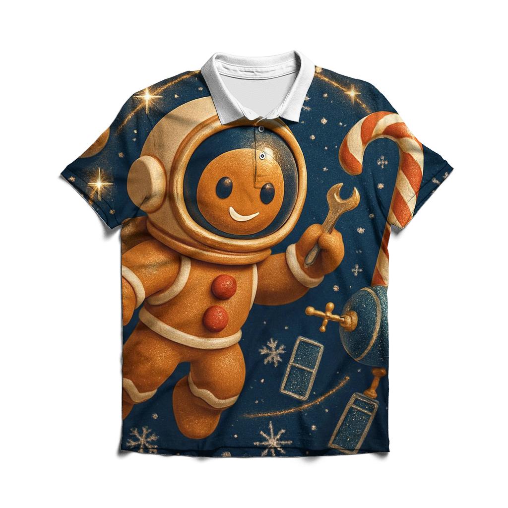 Gingerbread Astronaut Repairing A Candy Cane Satellite embroidered polo tops
