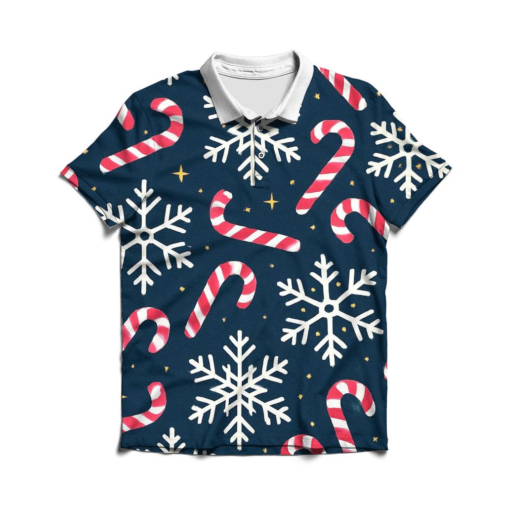 Crimson Candy Cane Snowflake Tessellation On Navy Background embroidered polo tops