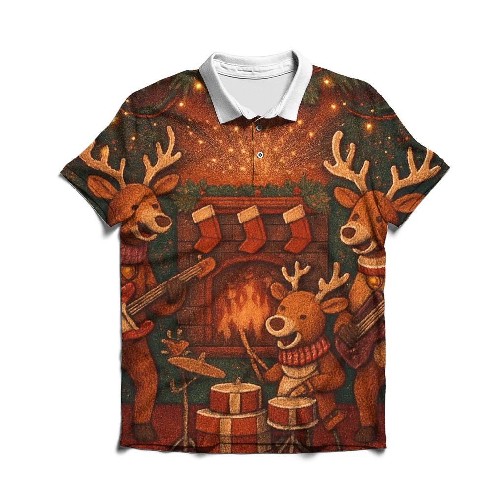 Reindeer Rock Band At The Fireplace Stage premium cotton polo shirts