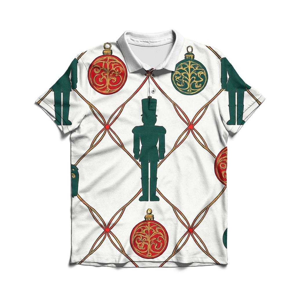Golden Nutcracker Ornament Lattice On White Background embroidered polo tops