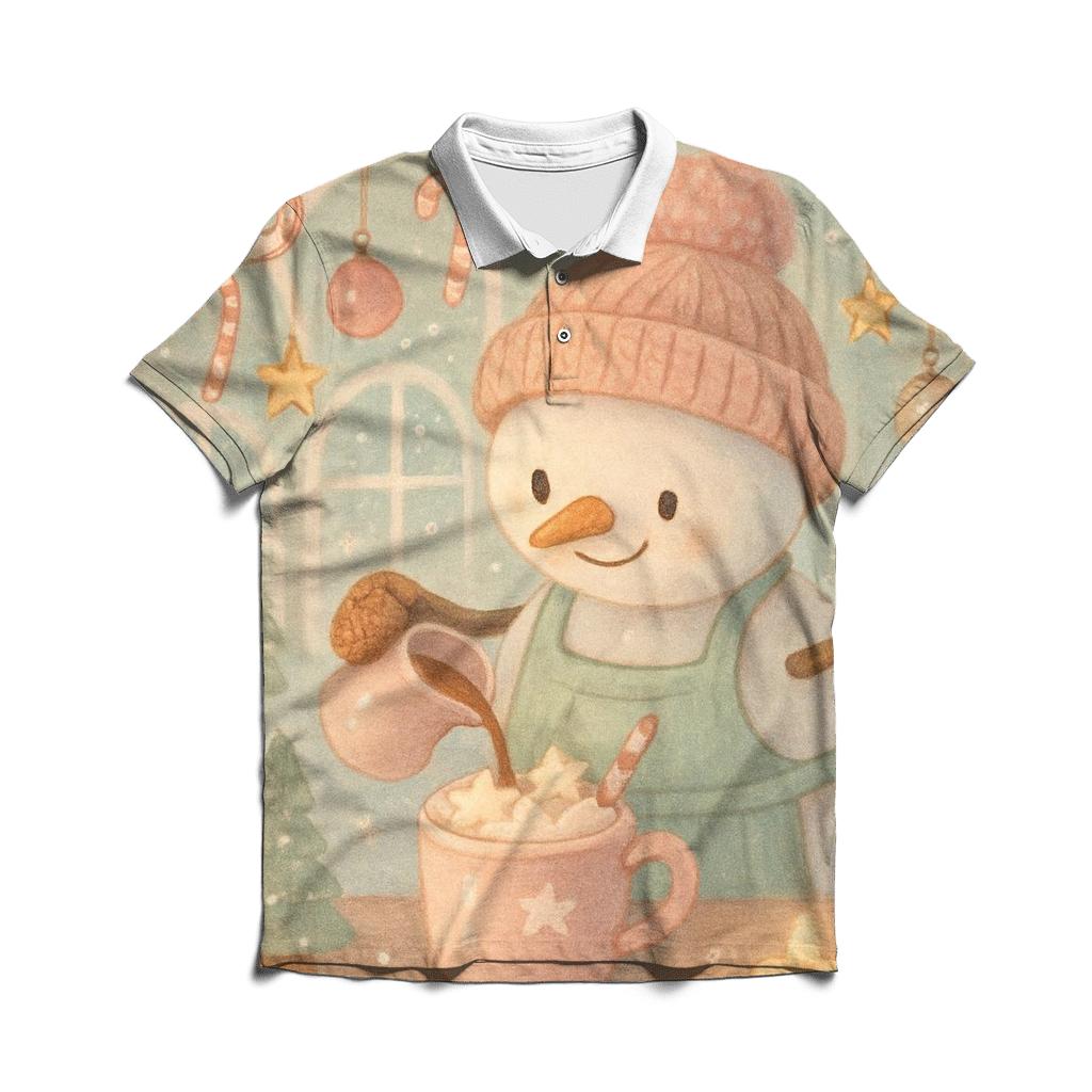 Snowman Barista Serving Cocoa In A Snow Globe Cafe premium cotton polo shirts