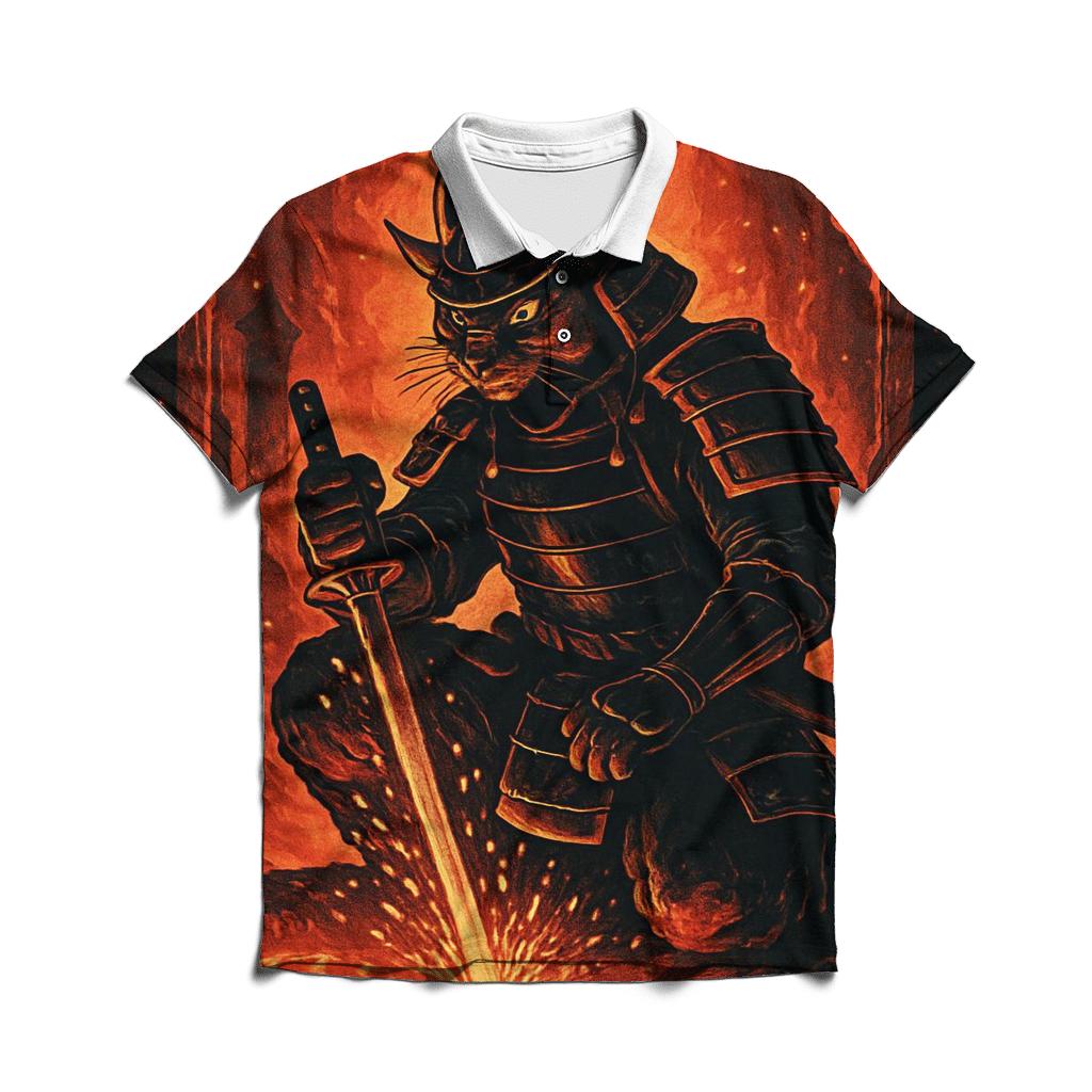 Volcanic Sunforge Samurai Cat embroidered polo tops