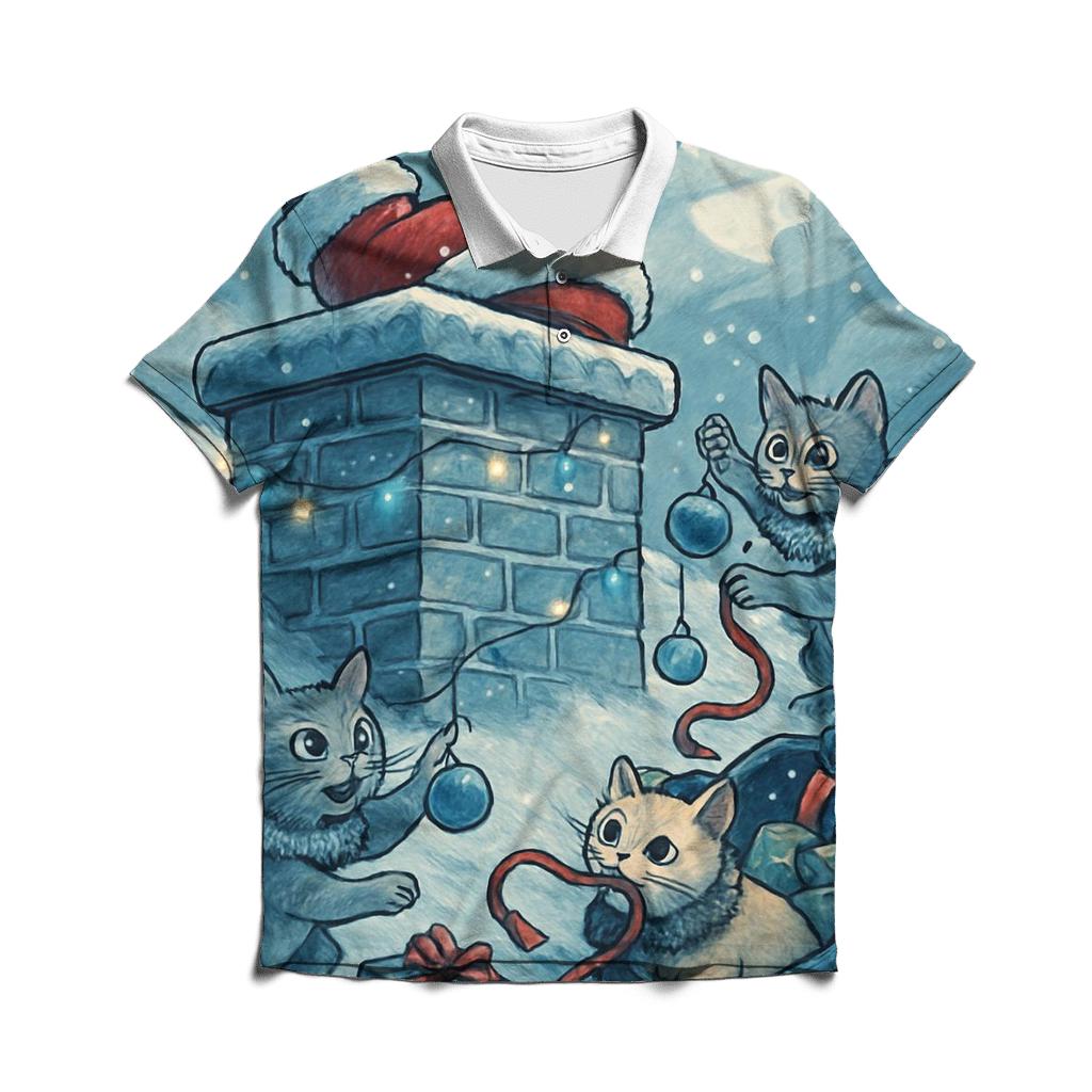 Santa Stuck In Chimney With Mischievous Christmas Cats casual sports polo shirts